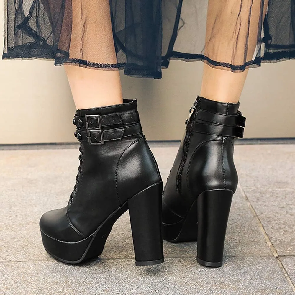 Women Platform Biker Short Boots Round Toe High Heeled