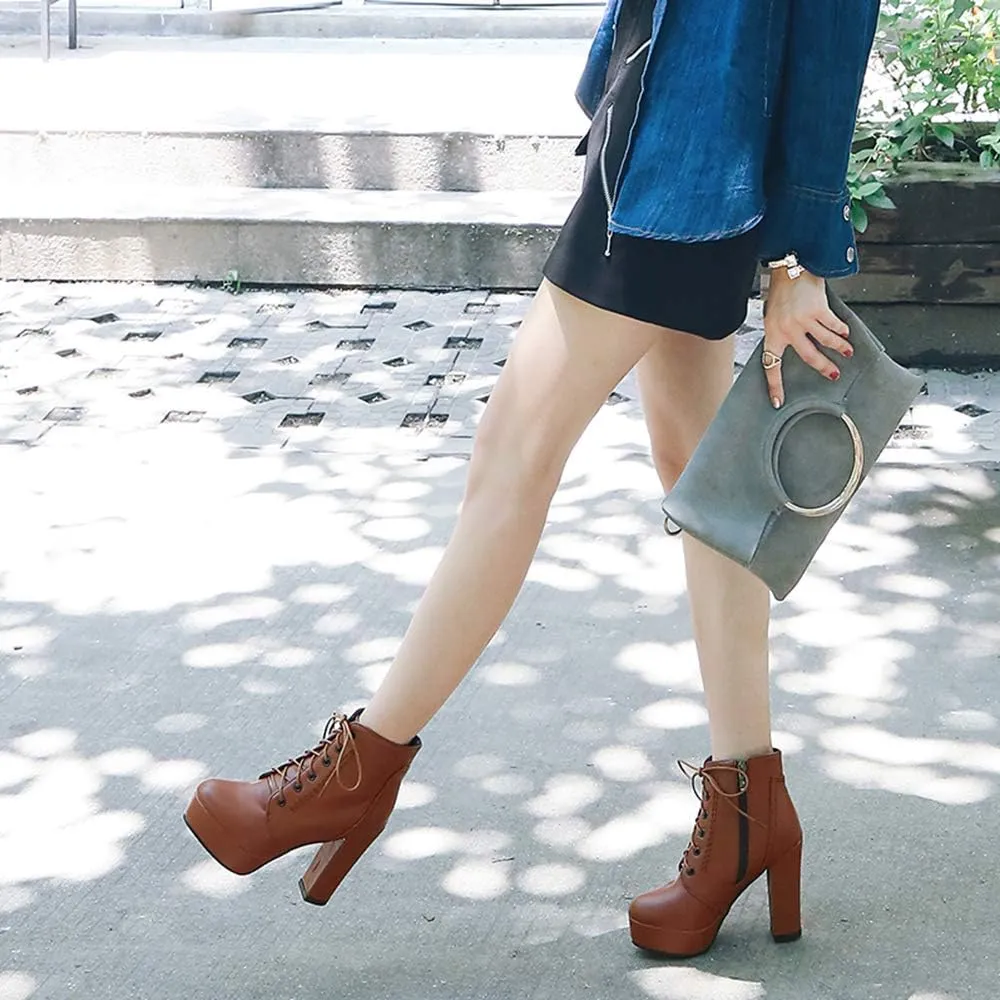 Women Platform Biker Short Boots Round Toe High Heeled