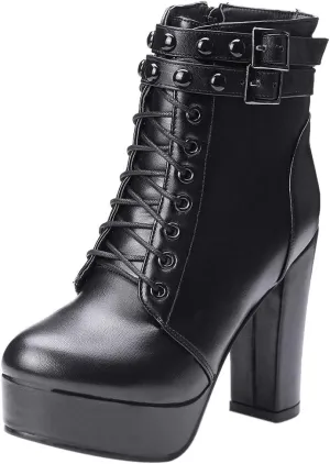Women Platform Biker Short Boots Round Toe High Heeled
