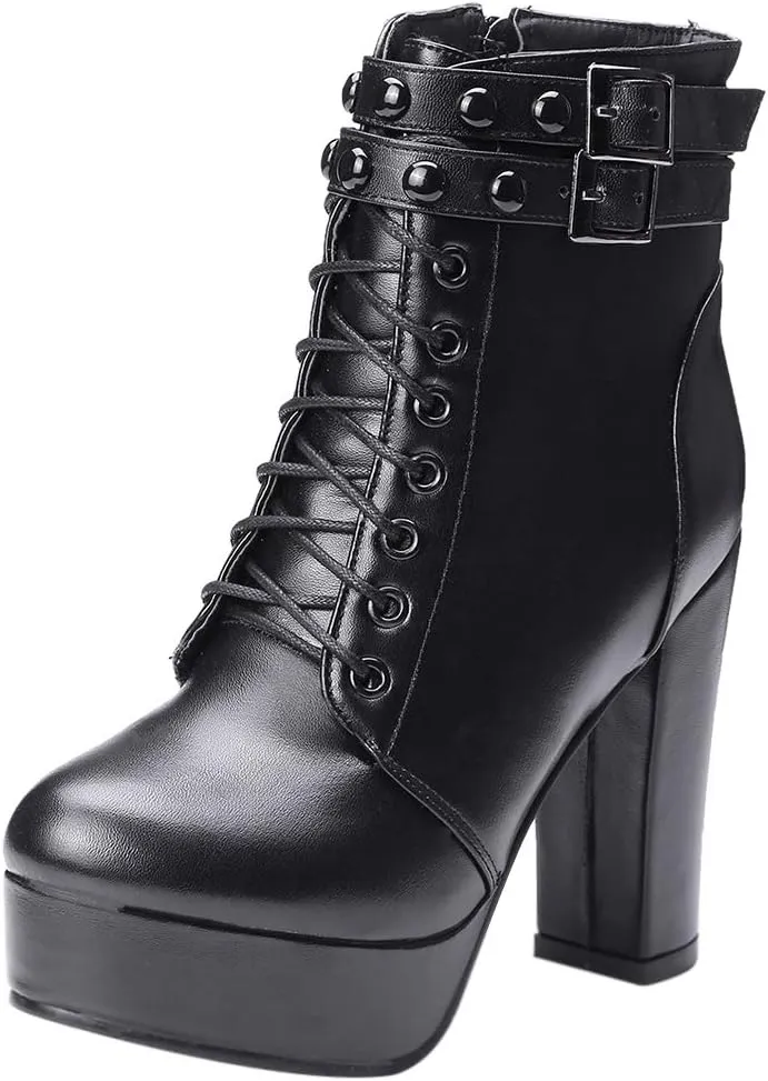 Women Platform Biker Short Boots Round Toe High Heeled