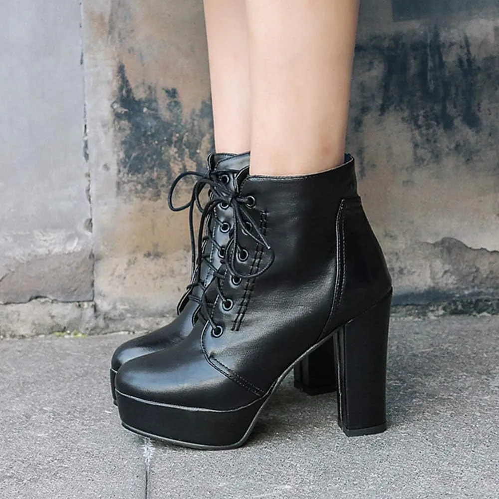Women Platform Biker Short Boots Round Toe High Heeled