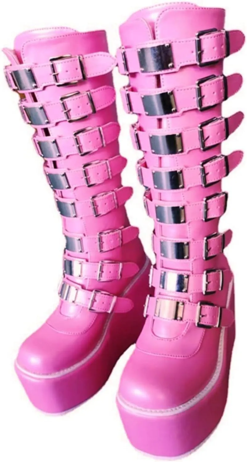 Women Platform Mid Calf Boots Round Toe Goth Punk Combat Booties Buckle Back Zip Chunky Heel Wedge Knee High Boots