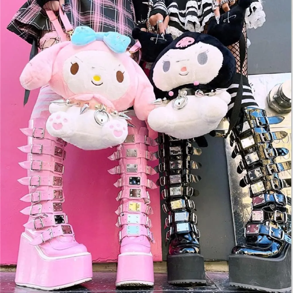 Women Platform Mid Calf Boots Round Toe Goth Punk Combat Booties Buckle Back Zip Chunky Heel Wedge Knee High Boots