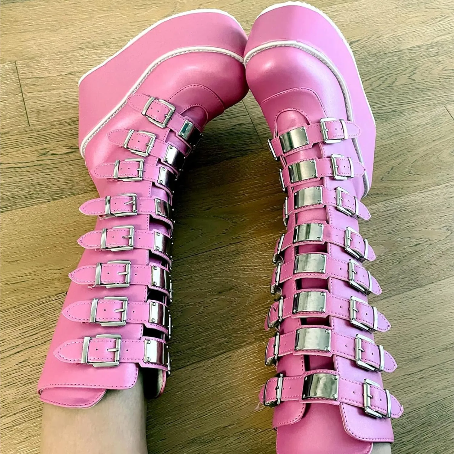 Women Platform Mid Calf Boots Round Toe Goth Punk Combat Booties Buckle Back Zip Chunky Heel Wedge Knee High Boots