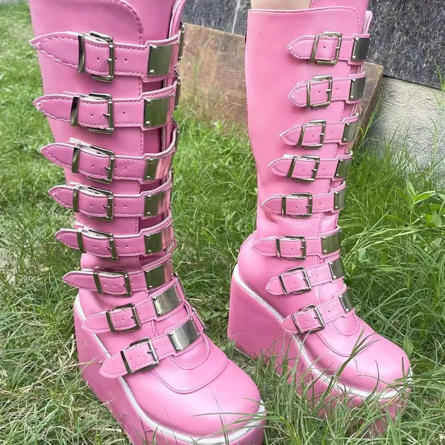 Women Platform Mid Calf Boots Round Toe Goth Punk Combat Booties Buckle Back Zip Chunky Heel Wedge Knee High Boots