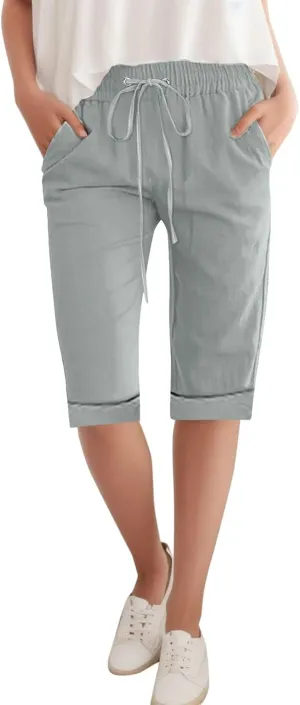 Women Wide Leg Linen Pants Summer High Waisted Palazzo Pants Drawstring Loose Fit Flowy Trousers with Pockets