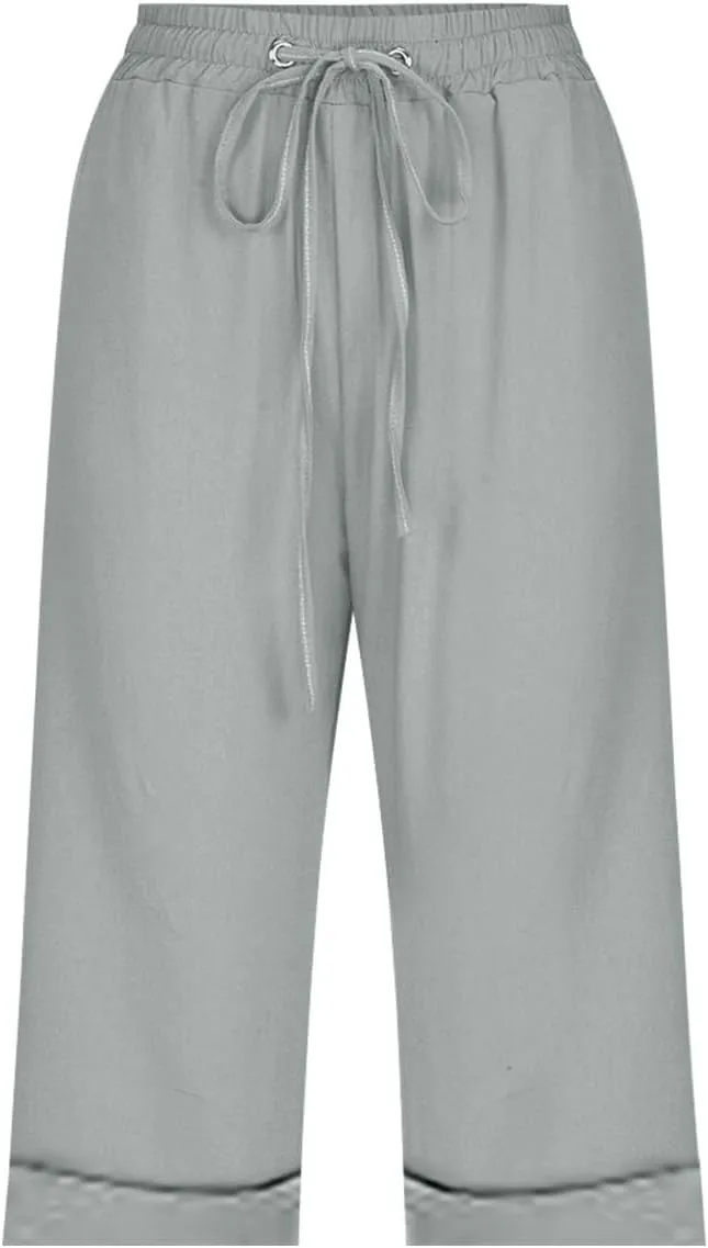 Women Wide Leg Linen Pants Summer High Waisted Palazzo Pants Drawstring Loose Fit Flowy Trousers with Pockets