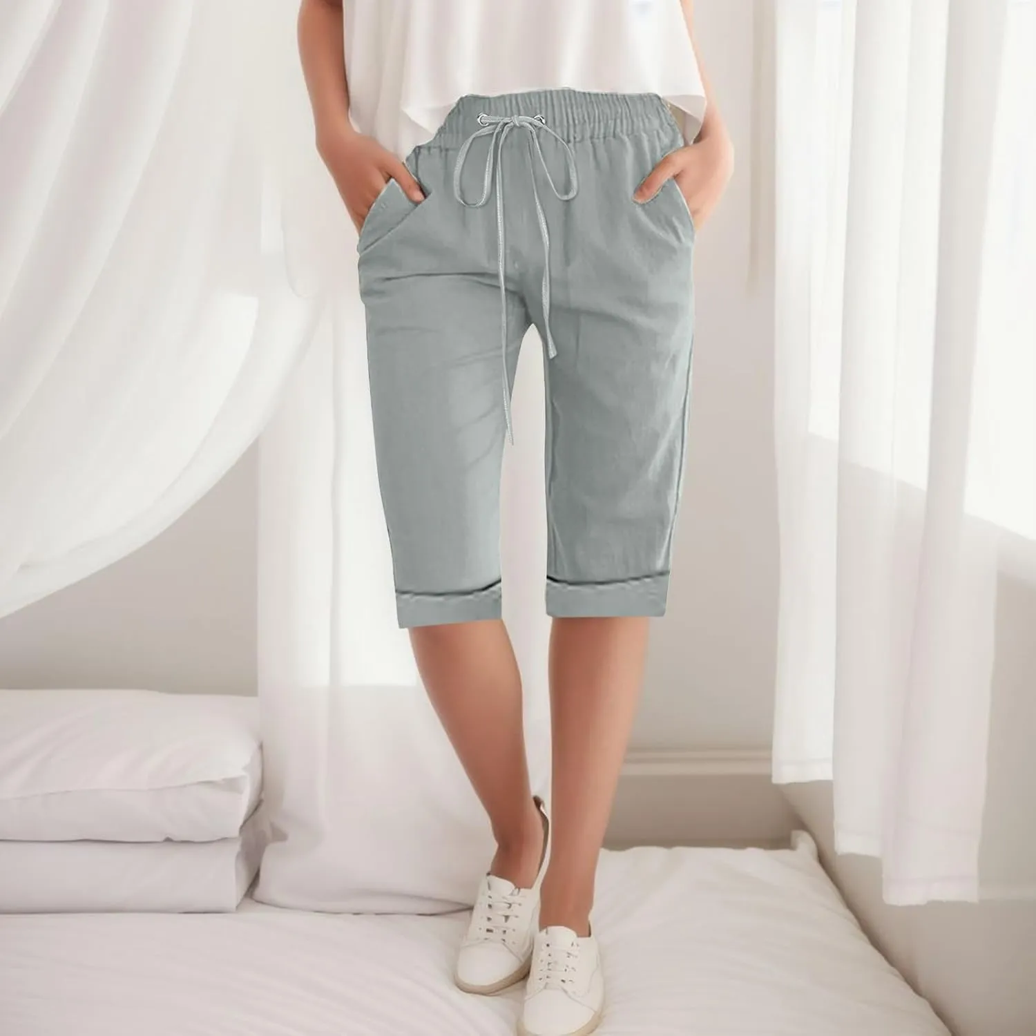 Women Wide Leg Linen Pants Summer High Waisted Palazzo Pants Drawstring Loose Fit Flowy Trousers with Pockets