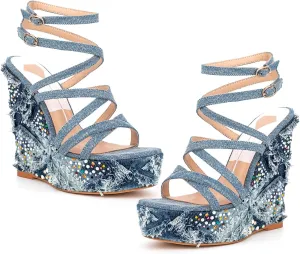 Women's Ankle Wrap Wedge Sandals Women's Cross Strap shoes Open Toe Height increase Sandals for Dressy Wedding and Party Women's shoes