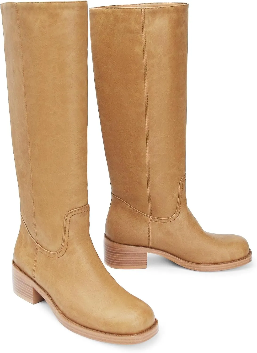 Women's Banana Knee High Boots Square Toe Chunky Block Heel Long Boots for Women Comfortable Low Heel Pull on Wide Calf Riding Boots