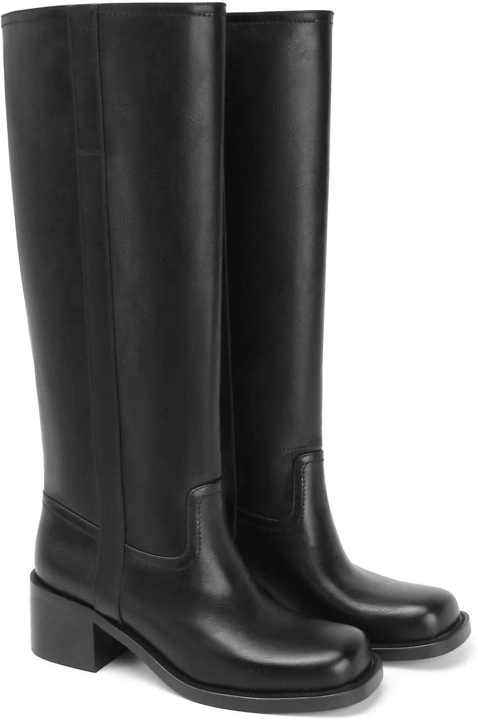 Women's Banana Knee High Boots Square Toe Chunky Block Heel Long Boots for Women Comfortable Low Heel Pull on Wide Calf Riding Boots