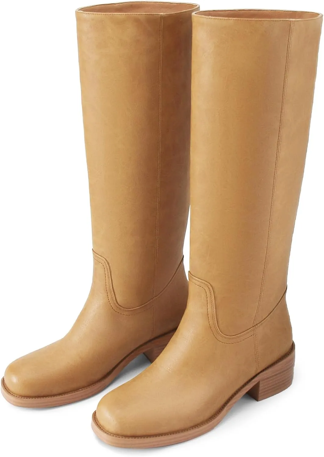 Women's Banana Knee High Boots Square Toe Chunky Block Heel Long Boots for Women Comfortable Low Heel Pull on Wide Calf Riding Boots