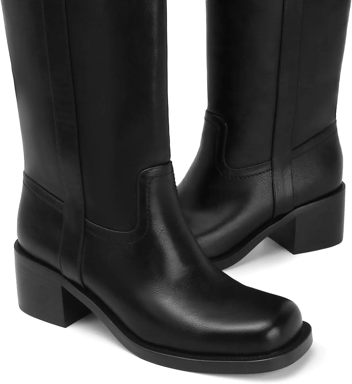 Women's Banana Knee High Boots Square Toe Chunky Block Heel Long Boots for Women Comfortable Low Heel Pull on Wide Calf Riding Boots