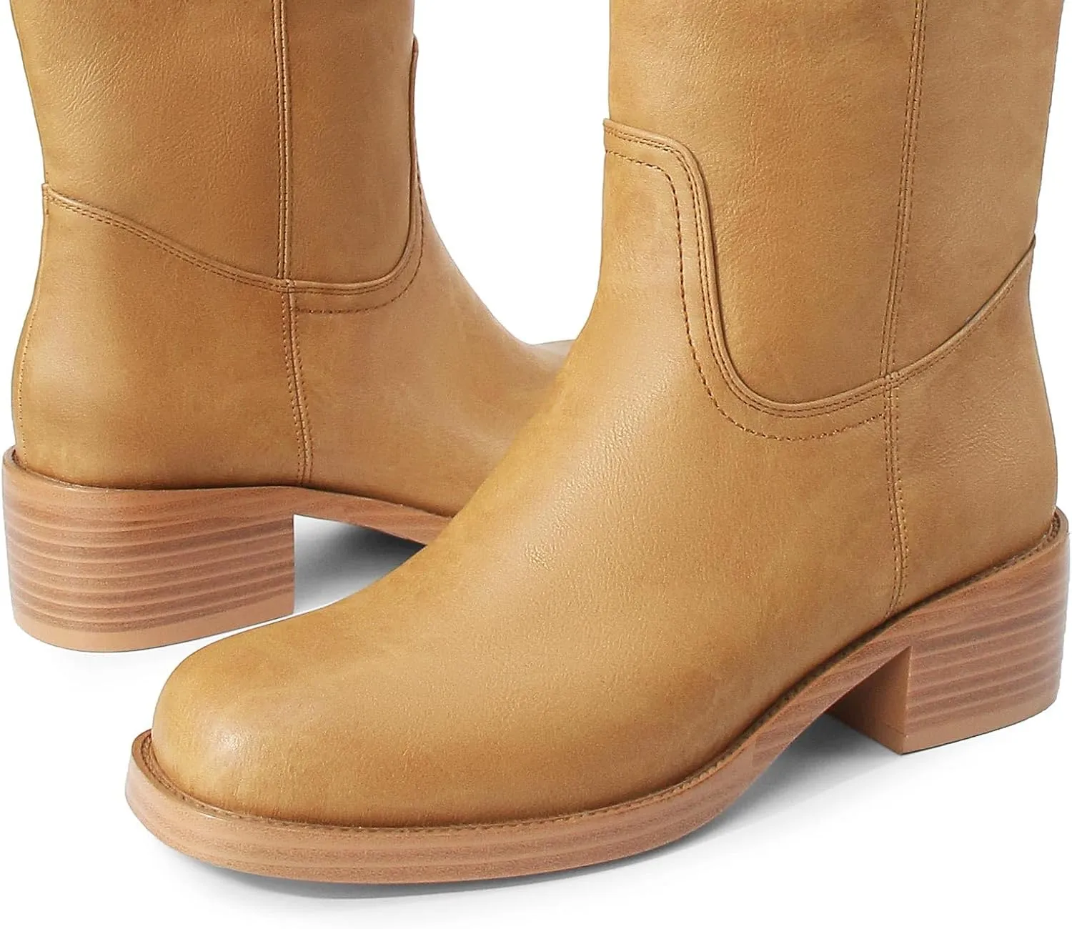 Women's Banana Knee High Boots Square Toe Chunky Block Heel Long Boots for Women Comfortable Low Heel Pull on Wide Calf Riding Boots