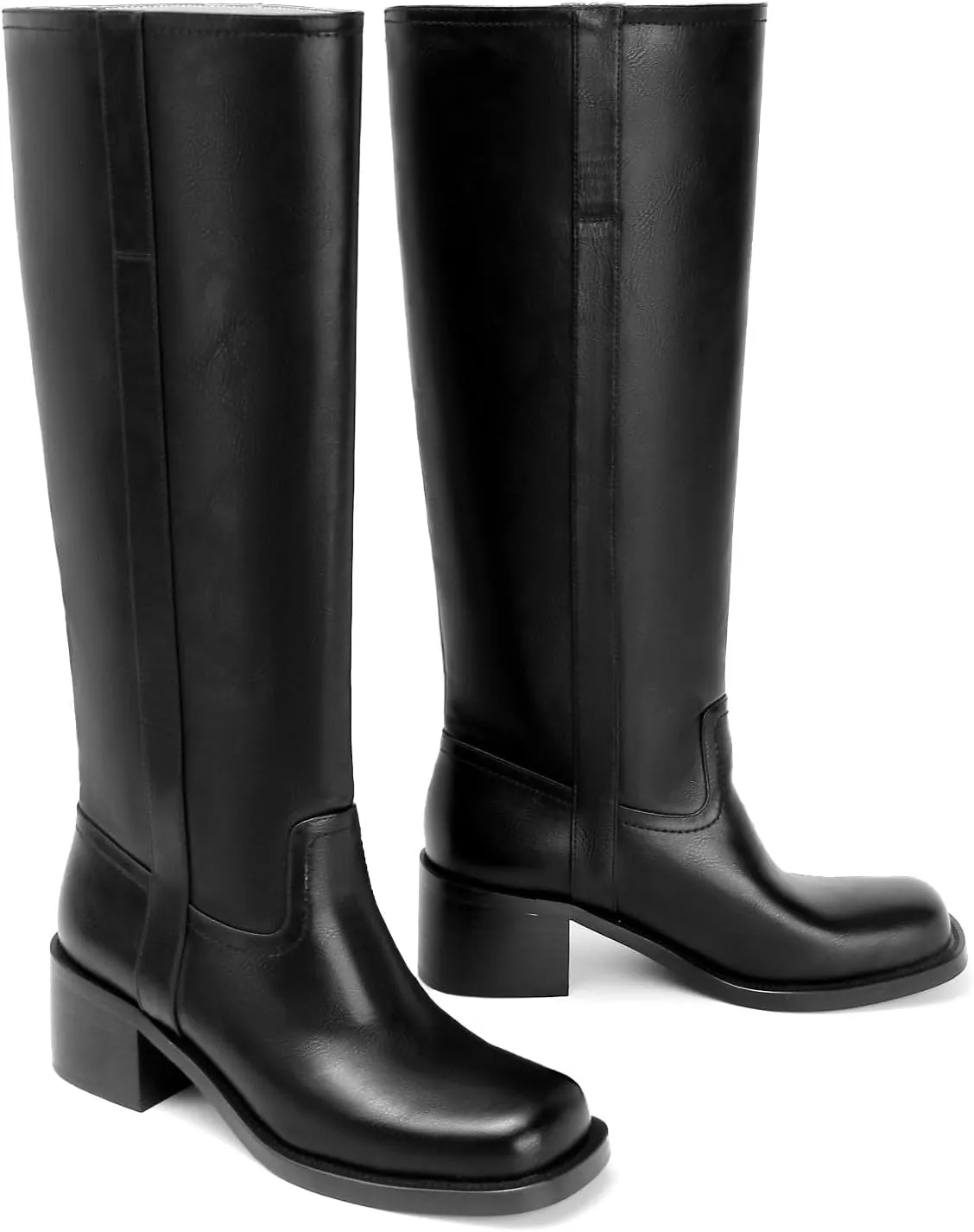Women's Banana Knee High Boots Square Toe Chunky Block Heel Long Boots for Women Comfortable Low Heel Pull on Wide Calf Riding Boots