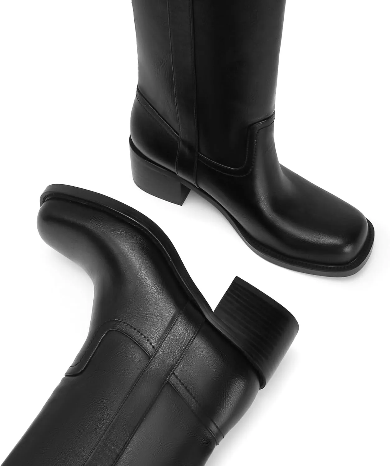 Women's Banana Knee High Boots Square Toe Chunky Block Heel Long Boots for Women Comfortable Low Heel Pull on Wide Calf Riding Boots