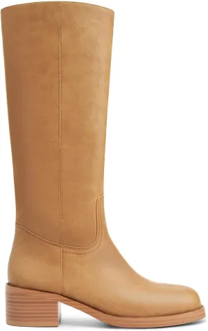 Women's Banana Knee High Boots Square Toe Chunky Block Heel Long Boots for Women Comfortable Low Heel Pull on Wide Calf Riding Boots