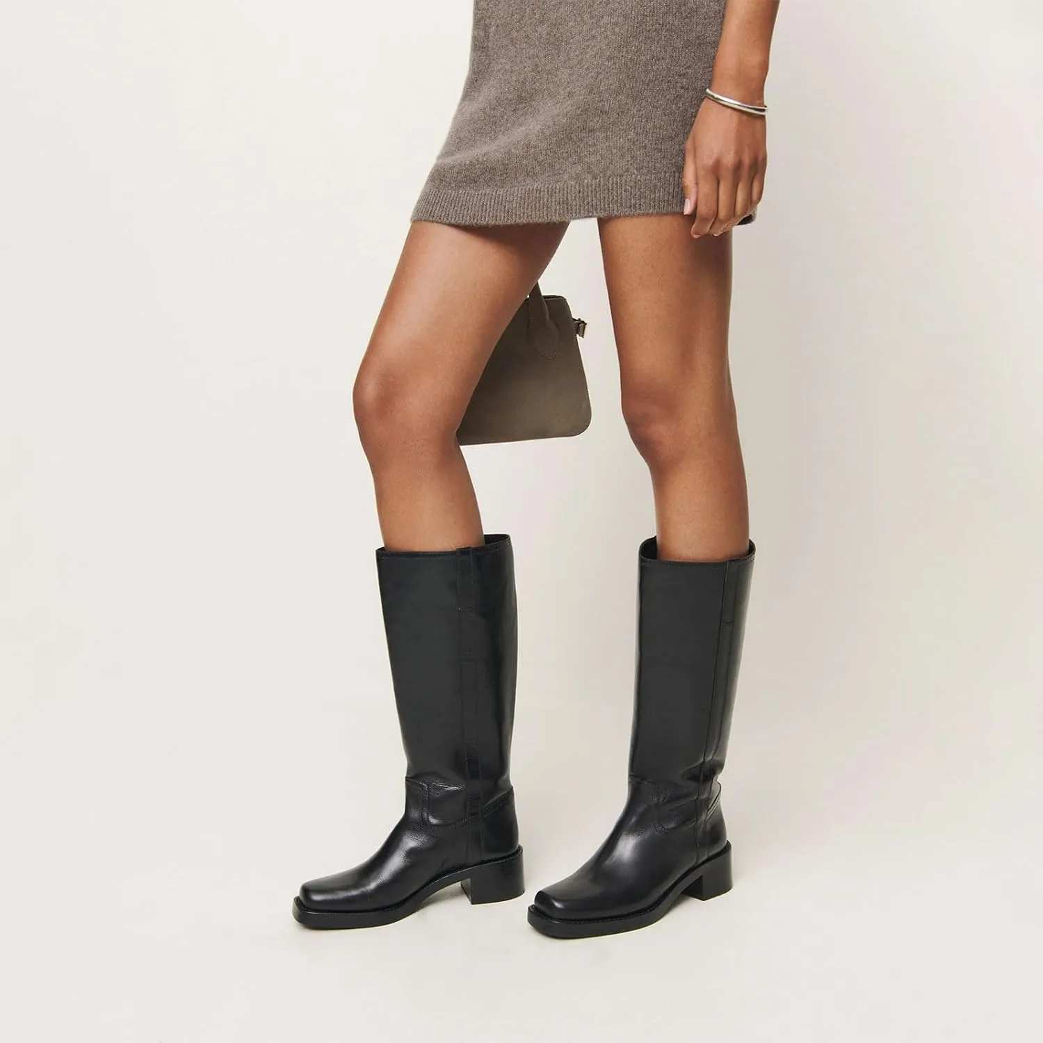 Women's Banana Knee High Boots Square Toe Chunky Block Heel Long Boots for Women Comfortable Low Heel Pull on Wide Calf Riding Boots