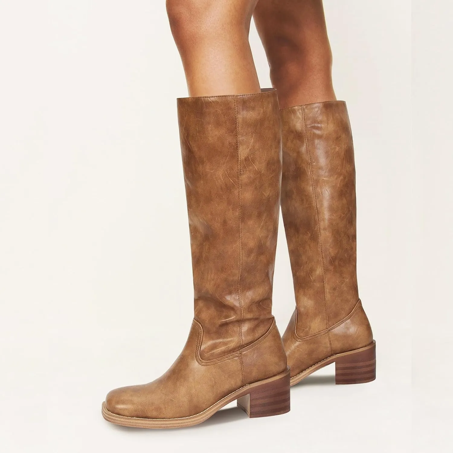 Womens Banana Knee High Boots Square Toe Comfortable Campus Boots Block Heel Riding Boots Wide Calf Long Tall Boots