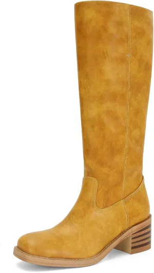 Womens Banana Knee High Boots Square Toe Comfortable Campus Boots Block Heel Riding Boots Wide Calf Long Tall Boots
