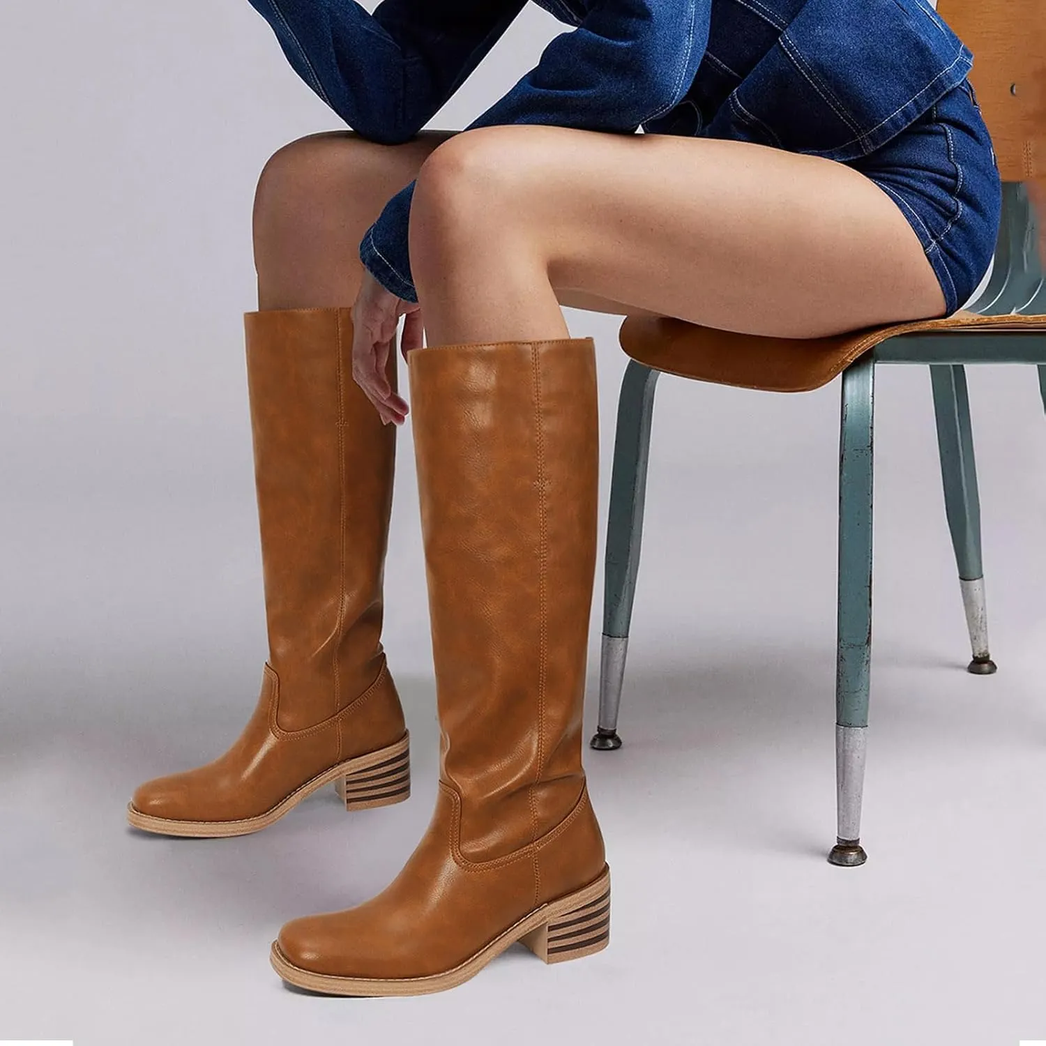 Womens Banana Knee High Boots Square Toe Comfortable Campus Boots Block Heel Riding Boots Wide Calf Long Tall Boots