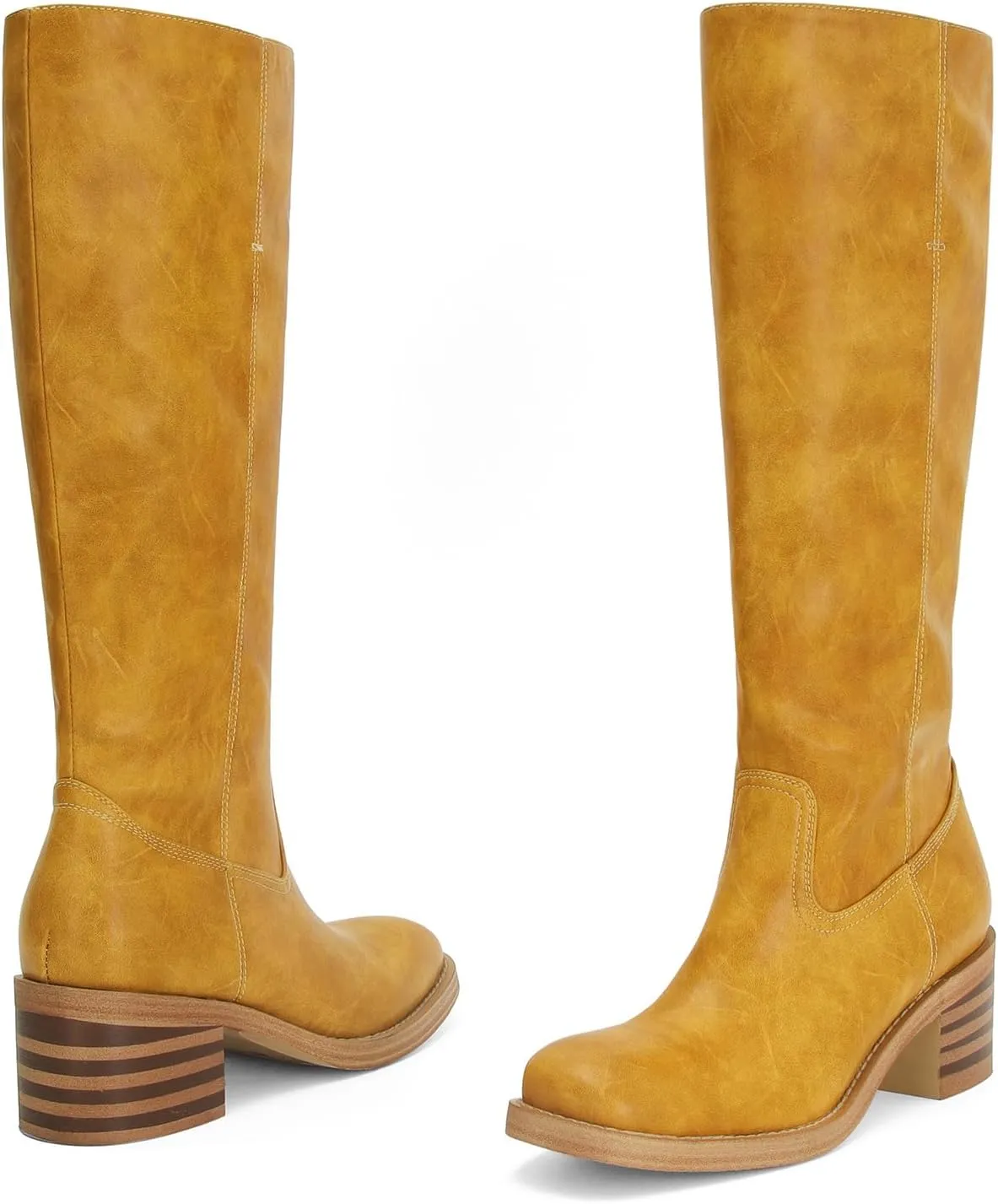 Womens Banana Knee High Boots Square Toe Comfortable Campus Boots Block Heel Riding Boots Wide Calf Long Tall Boots