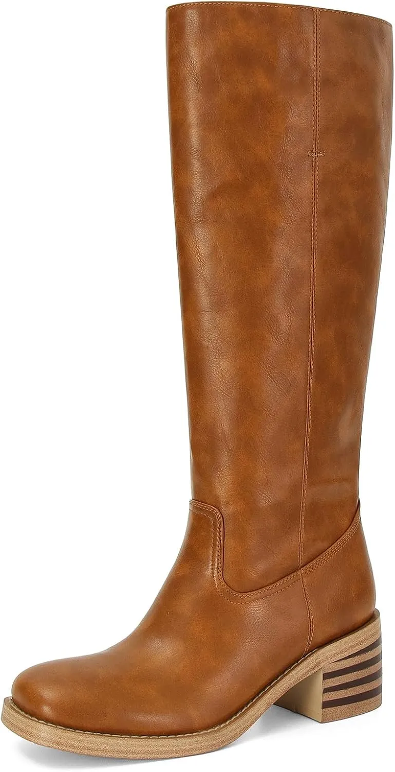 Womens Banana Knee High Boots Square Toe Comfortable Campus Boots Block Heel Riding Boots Wide Calf Long Tall Boots