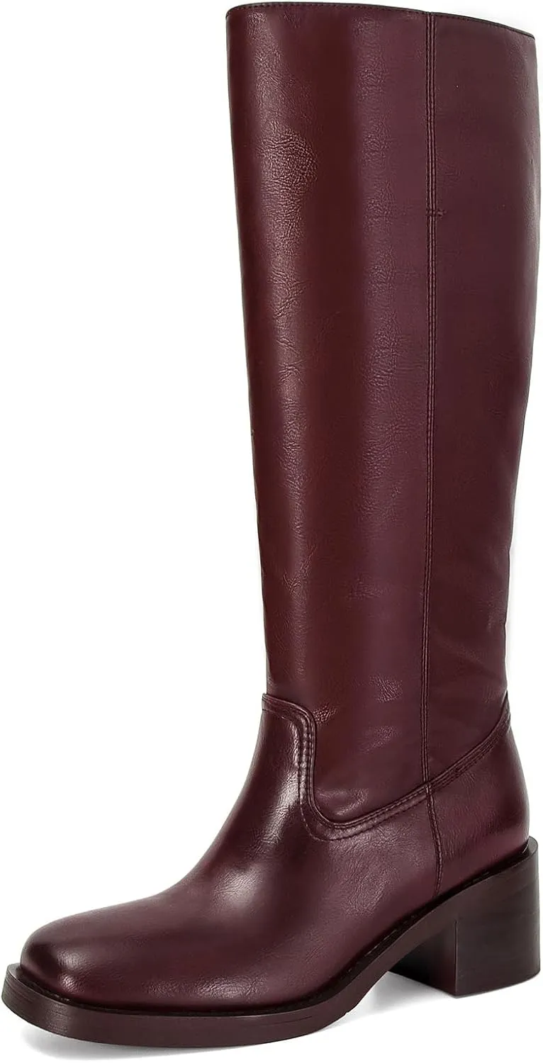 Womens Banana Knee High Boots Square Toe Comfortable Campus Boots Block Heel Riding Boots Wide Calf Long Tall Boots