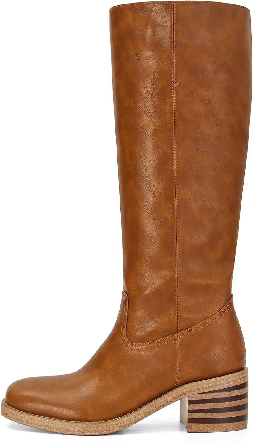 Womens Banana Knee High Boots Square Toe Comfortable Campus Boots Block Heel Riding Boots Wide Calf Long Tall Boots