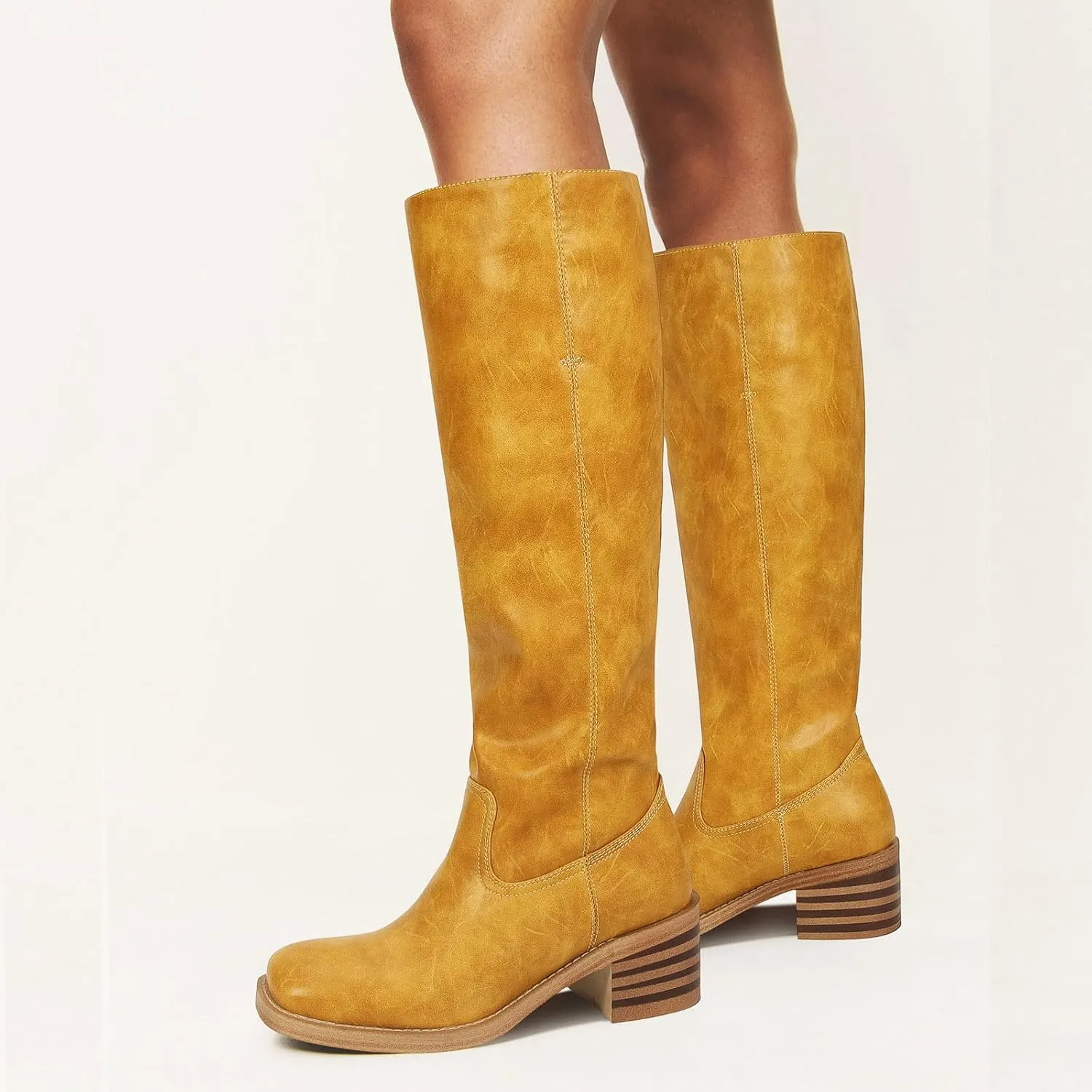 Womens Banana Knee High Boots Square Toe Comfortable Campus Boots Block Heel Riding Boots Wide Calf Long Tall Boots