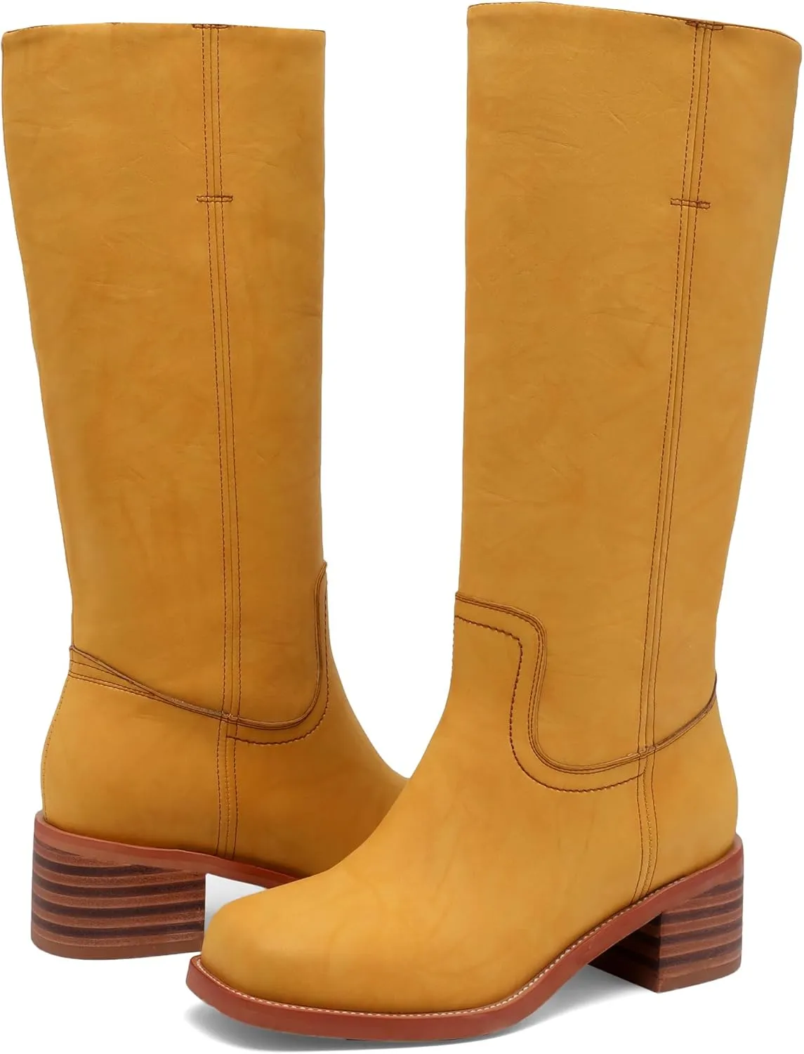 Women's Banana Knee High Wide Calf Chunky Heel Western Square Toe Mid Calf Comfortable Riding Fall Casual Moto Biker Boots