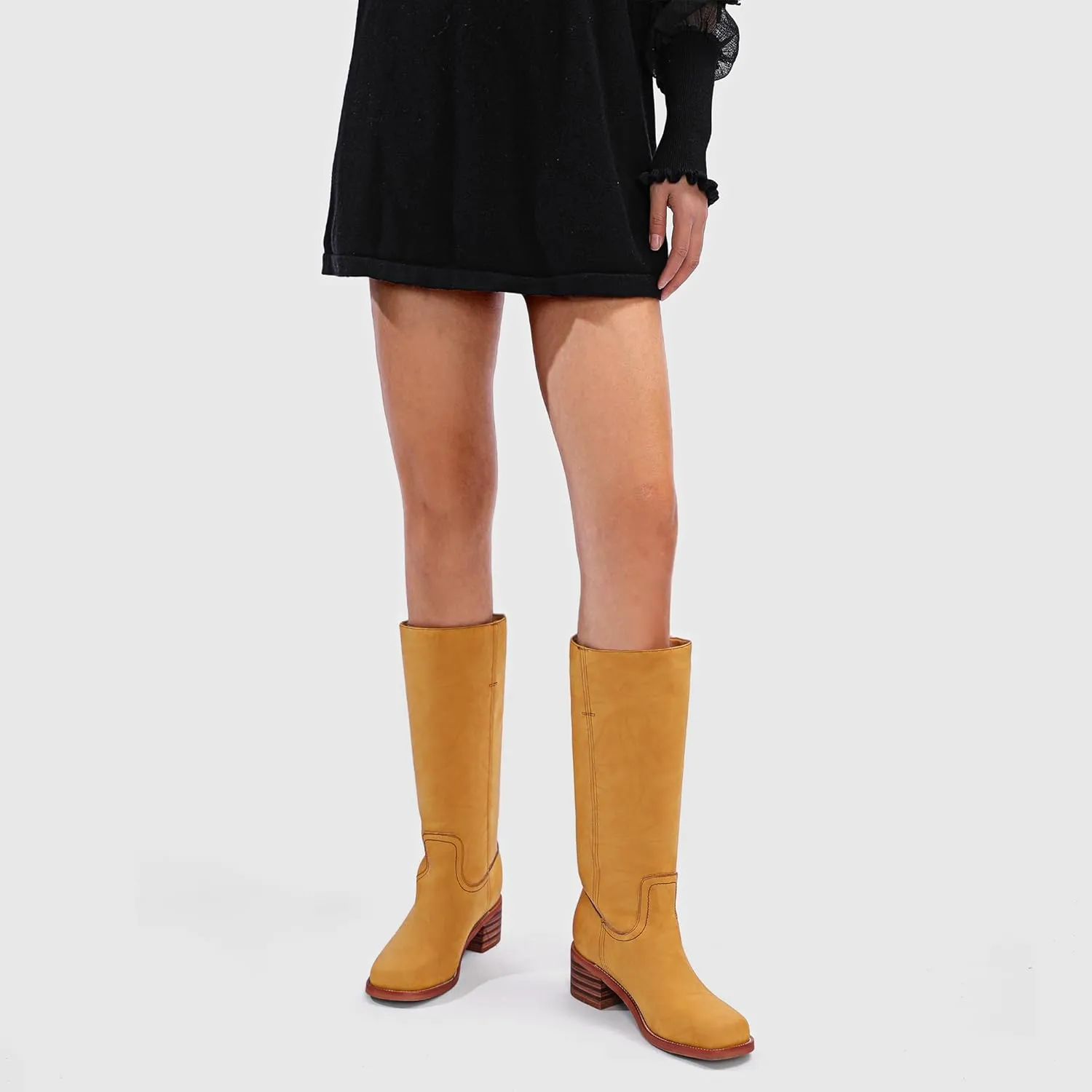Women's Banana Knee High Wide Calf Chunky Heel Western Square Toe Mid Calf Comfortable Riding Fall Casual Moto Biker Boots