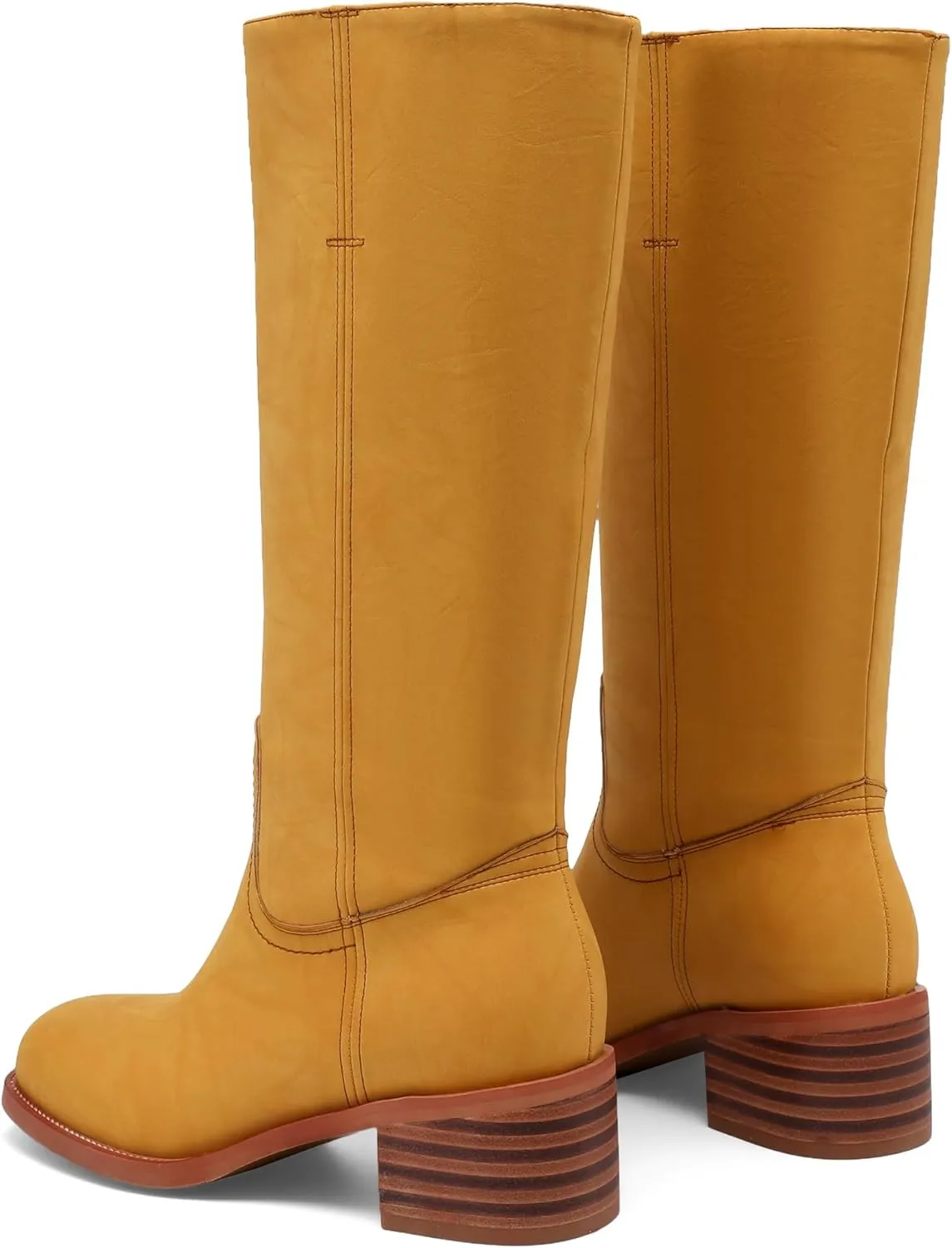 Women's Banana Knee High Wide Calf Chunky Heel Western Square Toe Mid Calf Comfortable Riding Fall Casual Moto Biker Boots
