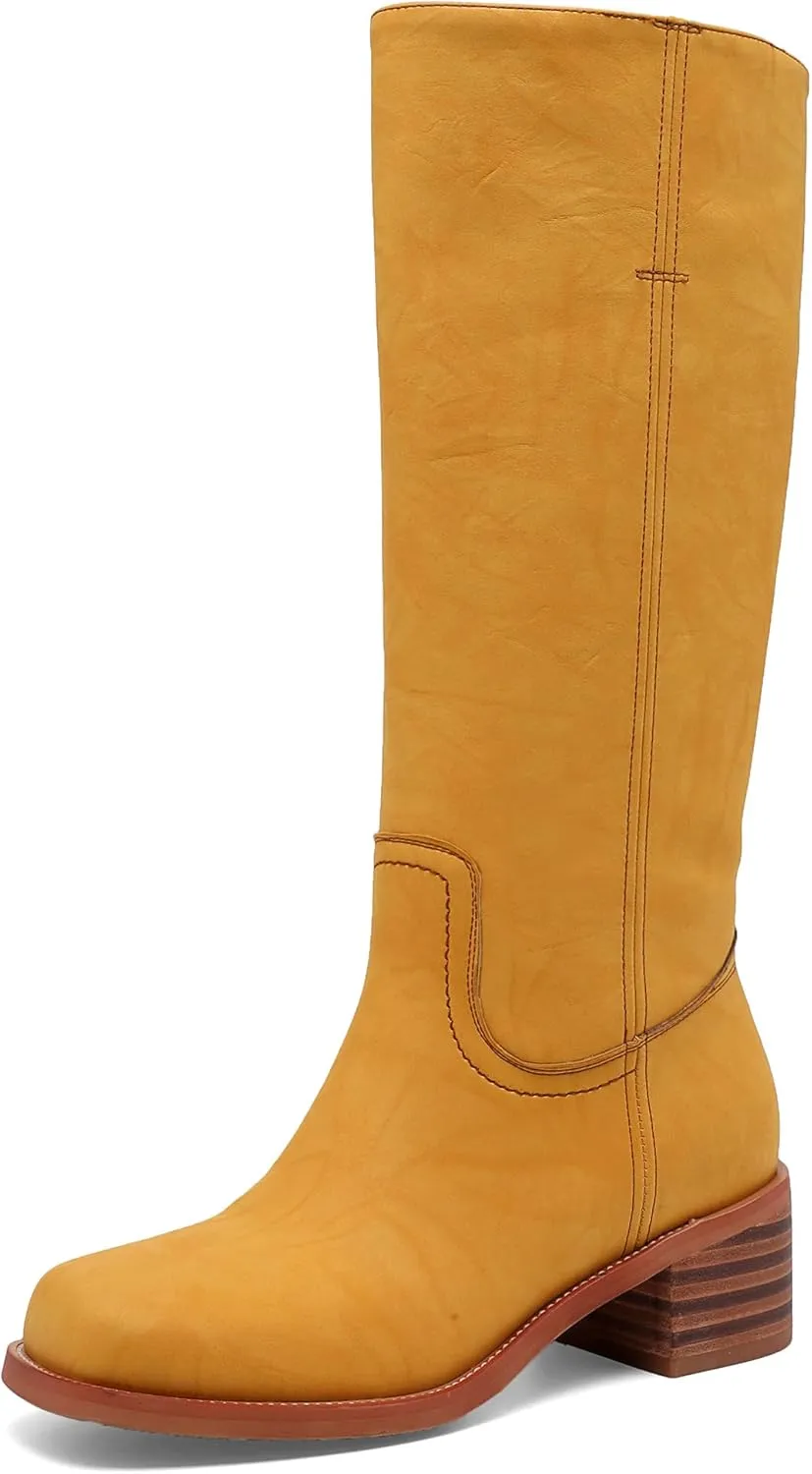 Women's Banana Knee High Wide Calf Chunky Heel Western Square Toe Mid Calf Comfortable Riding Fall Casual Moto Biker Boots