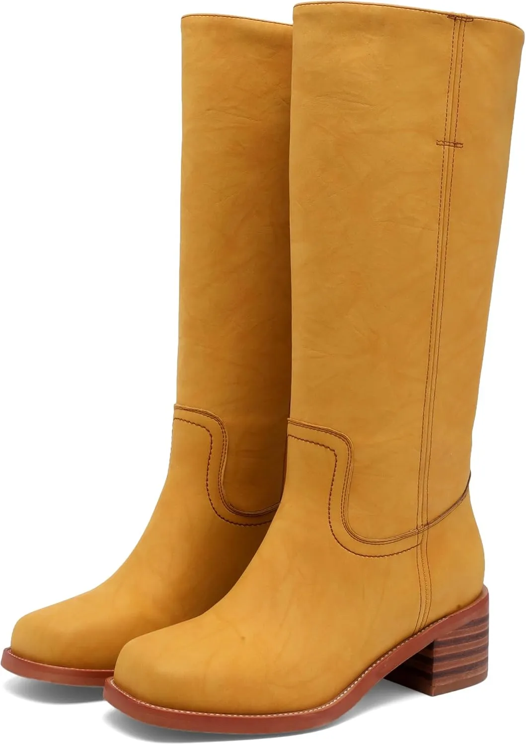 Women's Banana Knee High Wide Calf Chunky Heel Western Square Toe Mid Calf Comfortable Riding Fall Casual Moto Biker Boots
