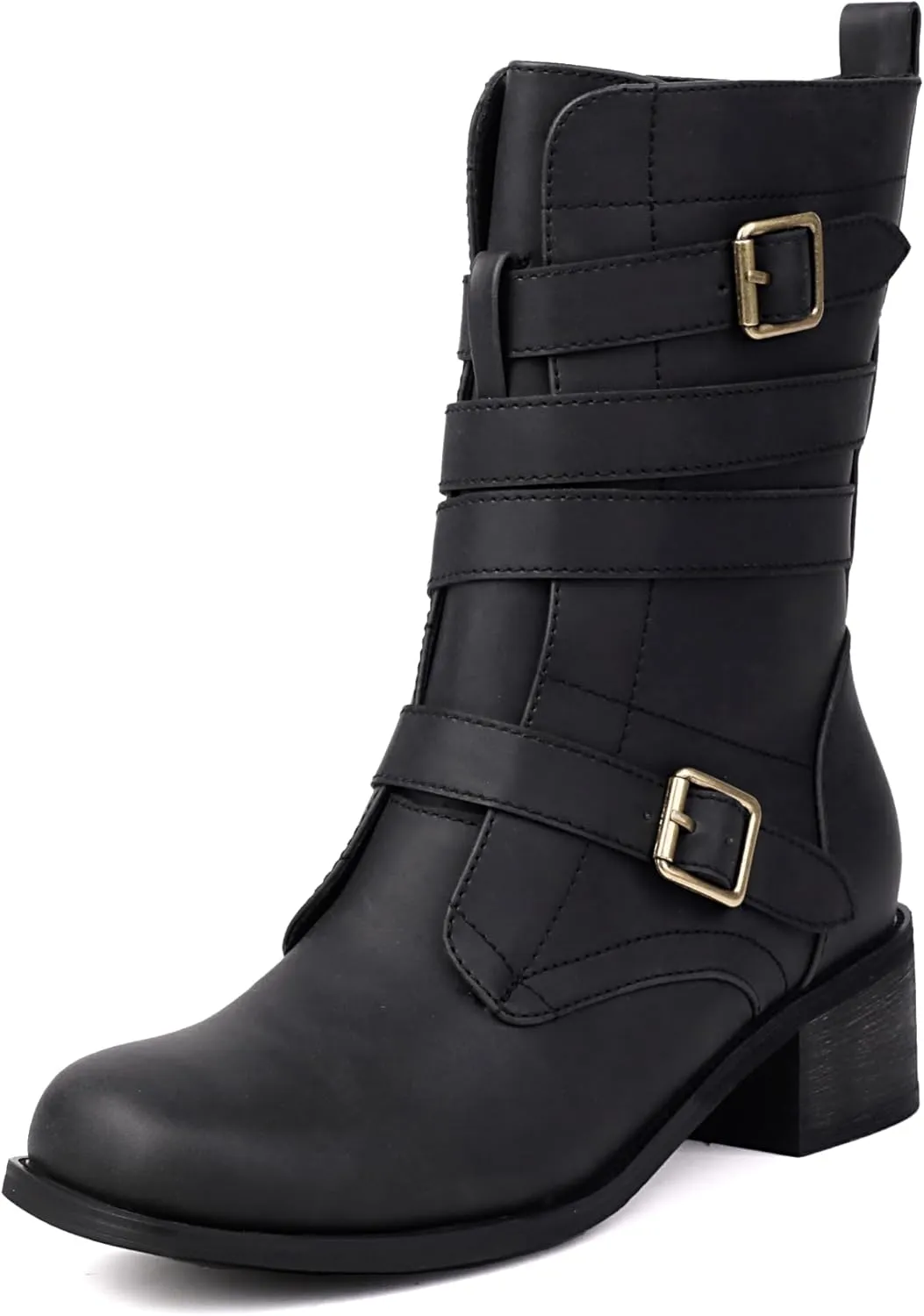 Women's Belt Buckle Mid Calf Boot,Retro Square Toe Chunky Heel Ankle High Shaft Boots,Women's Motorcycle Boots with Side Zipper Buckle Wrap Up Riding Boots.(Black,US 10)