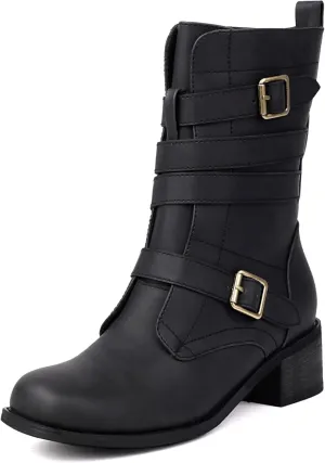 Women's Belt Buckle Mid Calf Boot,Retro Square Toe Chunky Heel Ankle High Shaft Boots,Women's Motorcycle Boots with Side Zipper Buckle Wrap Up Riding Boots.(Black,US 10)