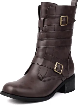 Women's Belt Buckle Mid Calf Boot,Retro Square Toe Chunky Heel Ankle High Shaft Boots,Women's Motorcycle Boots with Side Zipper Buckle Wrap Up Riding Boots.(Coffee,US 12)