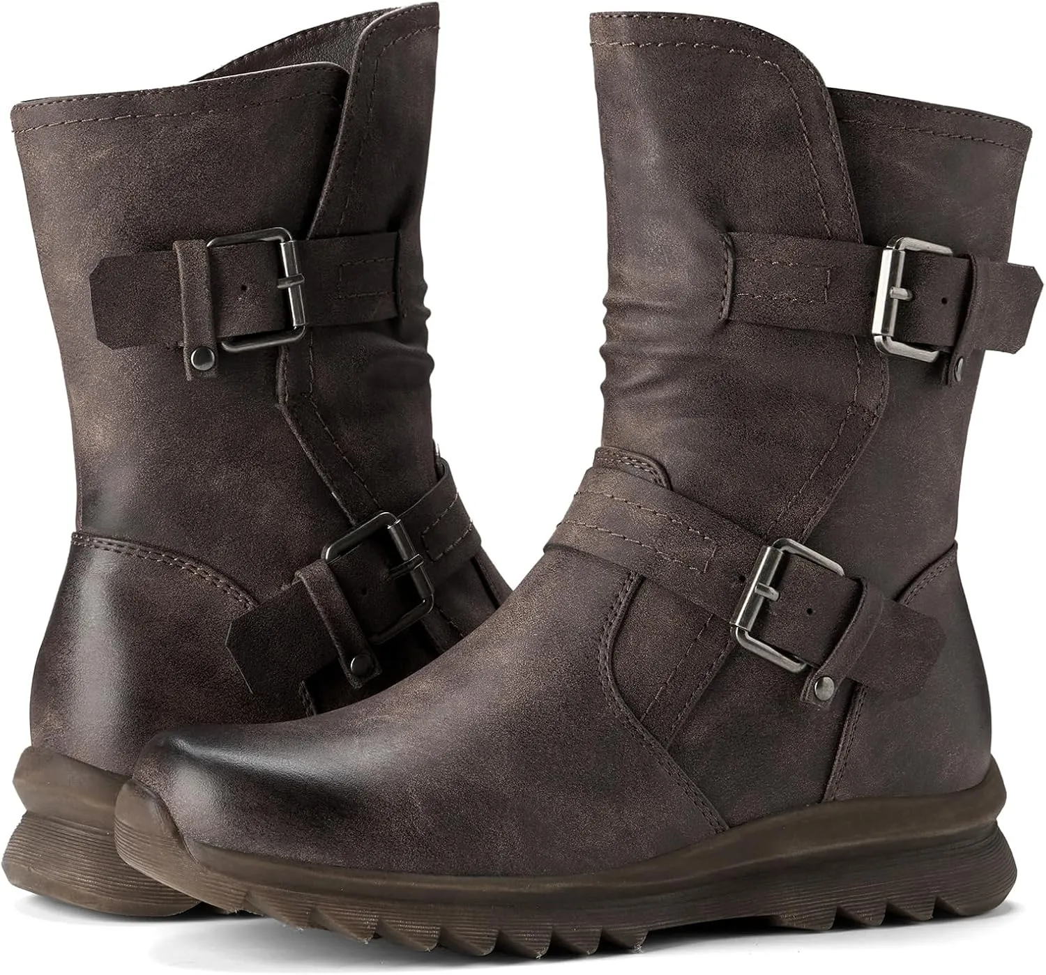 Women's Biker Boots Motorcycle Boots Buckle Mid Calf Boots Low Heel Combat Riding Military Boots for Women