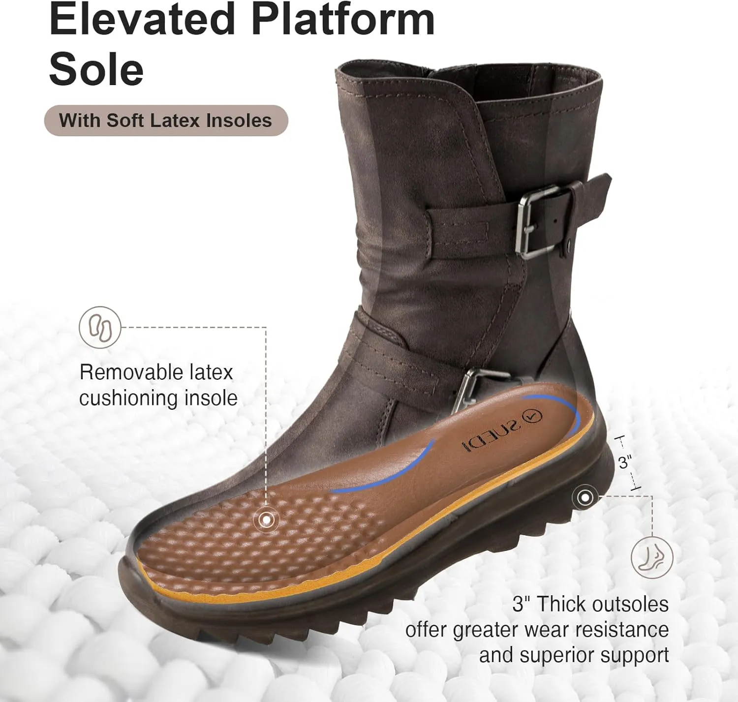 Women's Biker Boots Motorcycle Boots Buckle Mid Calf Boots Low Heel Combat Riding Military Boots for Women