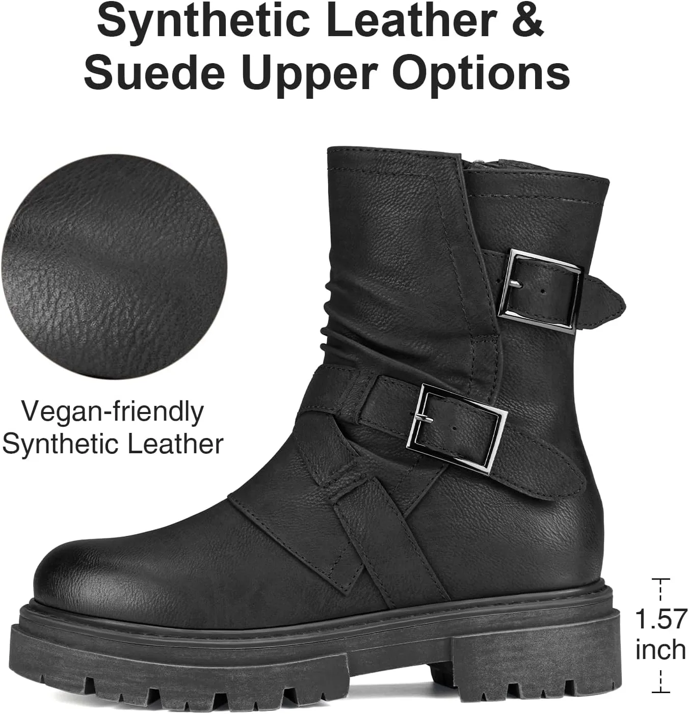 Women's Biker Boots Motorcycle Boots Buckle Mid Calf Boots Low Heel Combat Riding Military Boots for Women