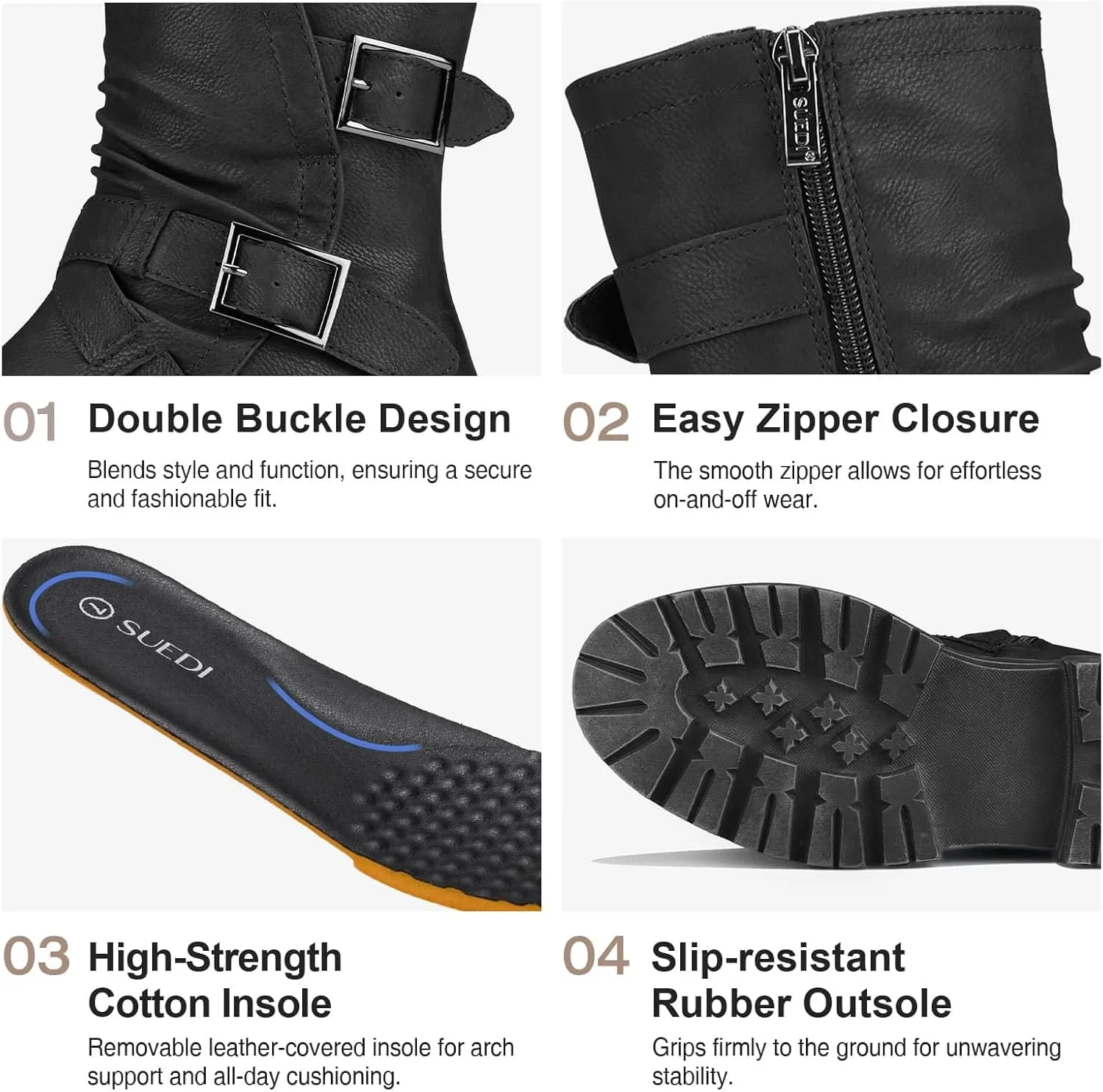 Women's Biker Boots Motorcycle Boots Buckle Mid Calf Boots Low Heel Combat Riding Military Boots for Women