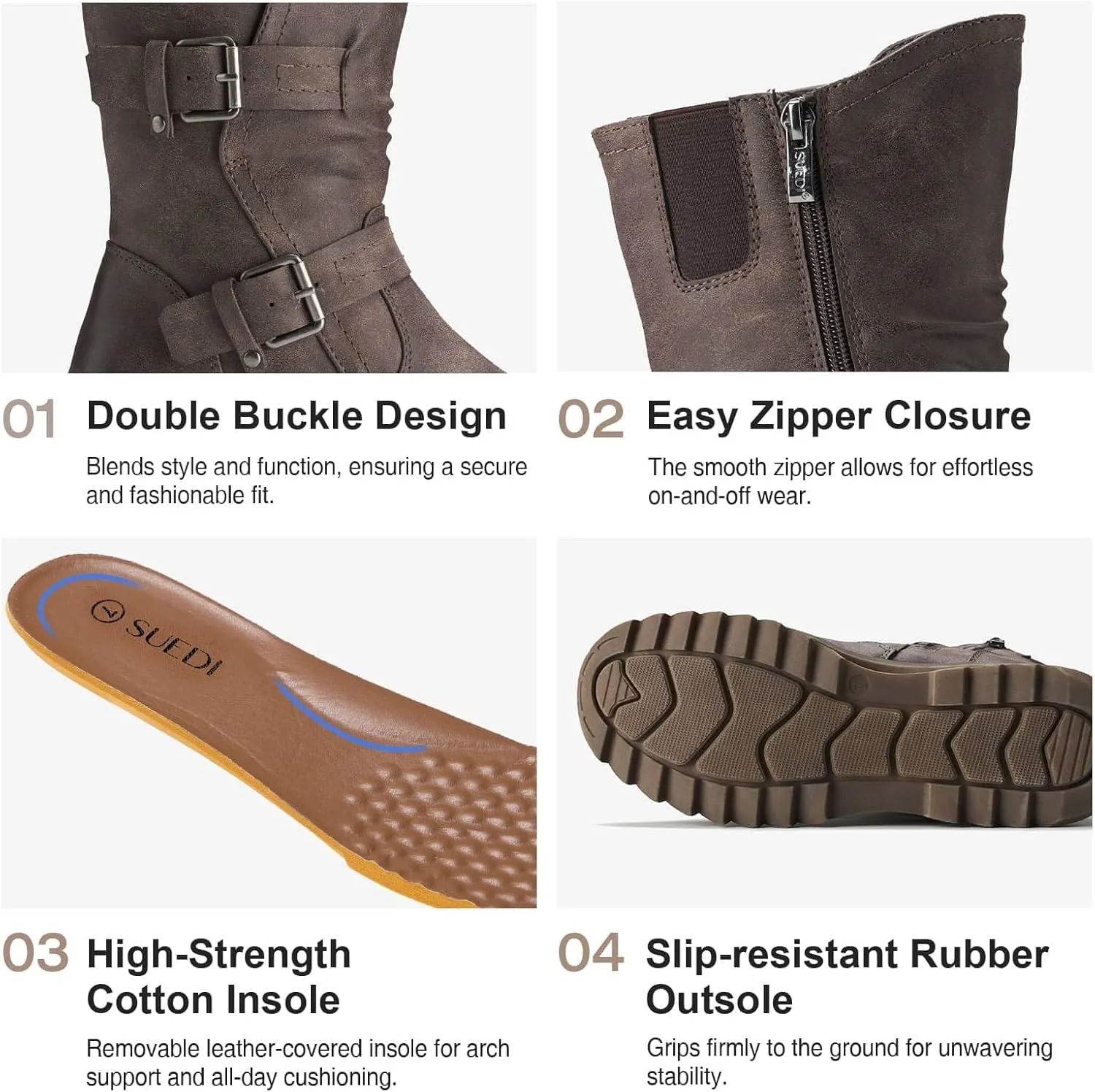 Women's Biker Boots Motorcycle Boots Buckle Mid Calf Boots Low Heel Combat Riding Military Boots for Women