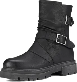 Women's Biker Boots Motorcycle Boots Buckle Mid Calf Boots Low Heel Combat Riding Military Boots for Women