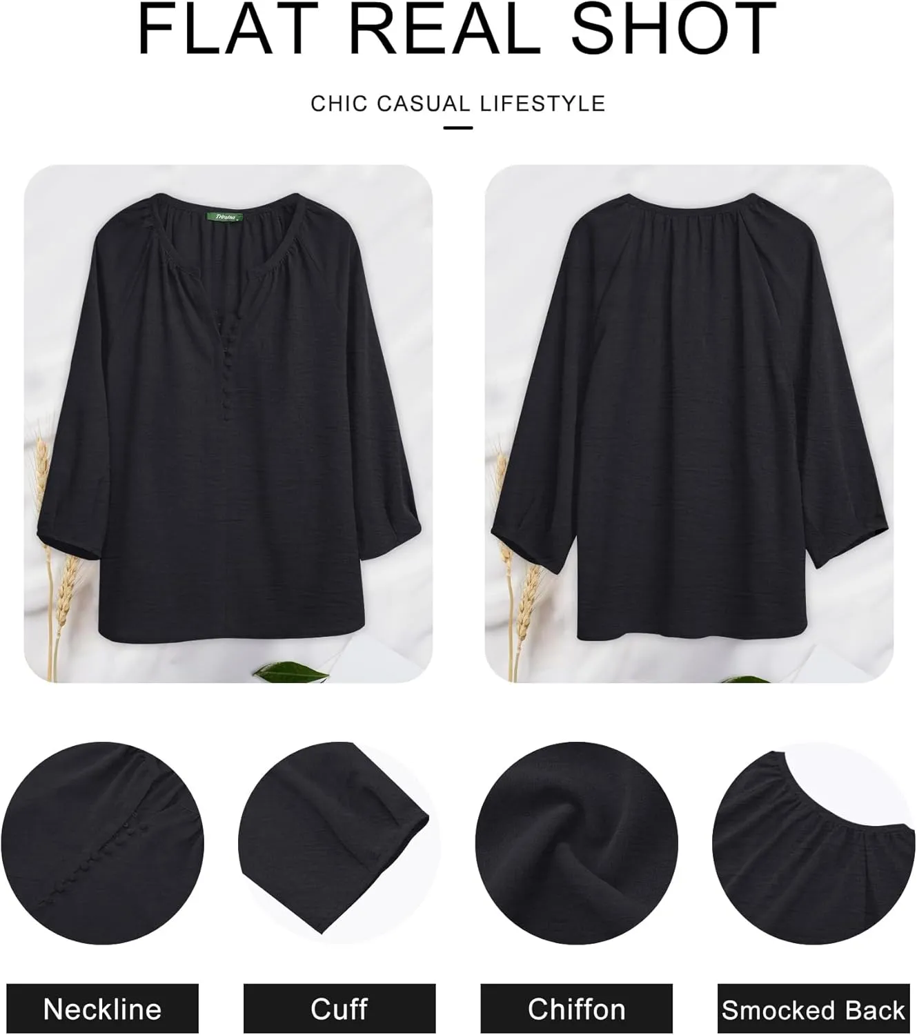 Womens Blouses Dressy Casual V Neck 3/4 Sleeve Tops Fashion Boho Chiffon Button Down Shirts