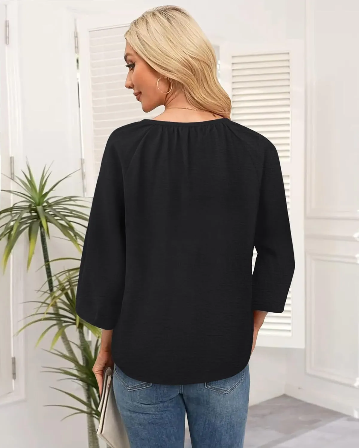 Womens Blouses Dressy Casual V Neck 3/4 Sleeve Tops Fashion Boho Chiffon Button Down Shirts