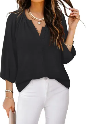 Womens Blouses Dressy Casual V Neck 3/4 Sleeve Tops Fashion Boho Chiffon Button Down Shirts