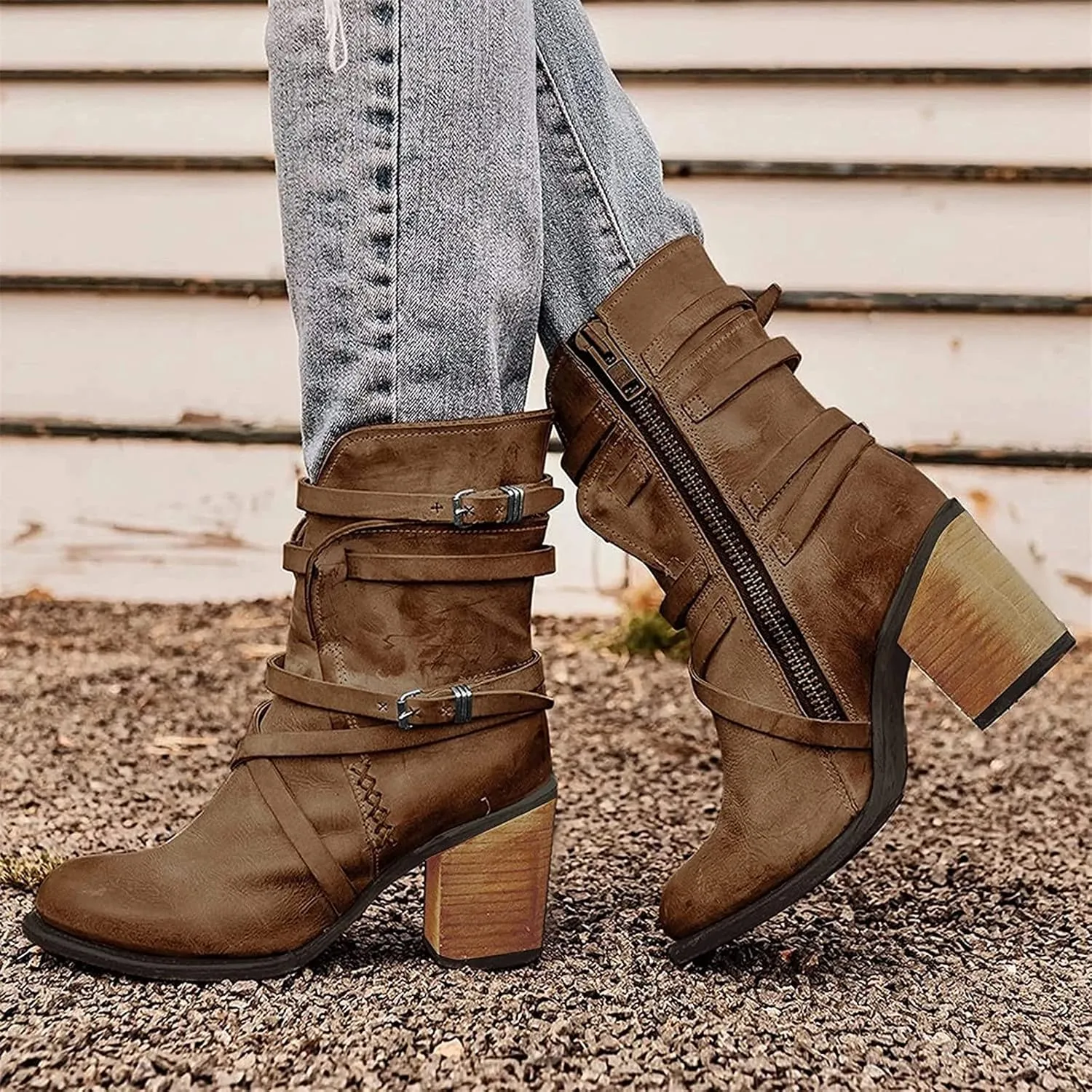 Women's Buckled Ankle Boots Classic Western Combat Boots Winter Warm Snow Boots Gothic Biker Slip on Boots Chelsea Boots with Block Heel Casual Shoes