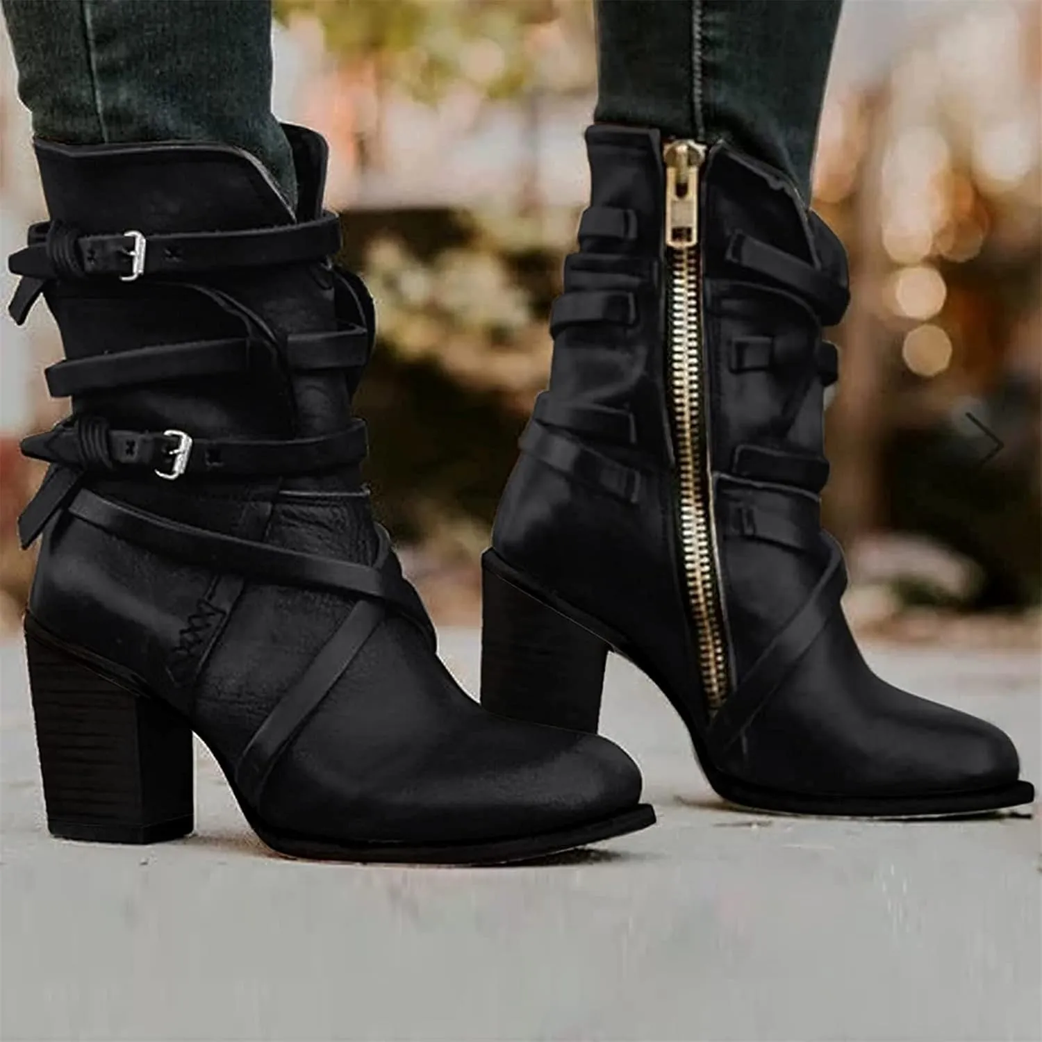 Women's Buckled Ankle Boots Classic Western Combat Boots Winter Warm Snow Boots Gothic Biker Slip on Boots Chelsea Boots with Block Heel Casual Shoes