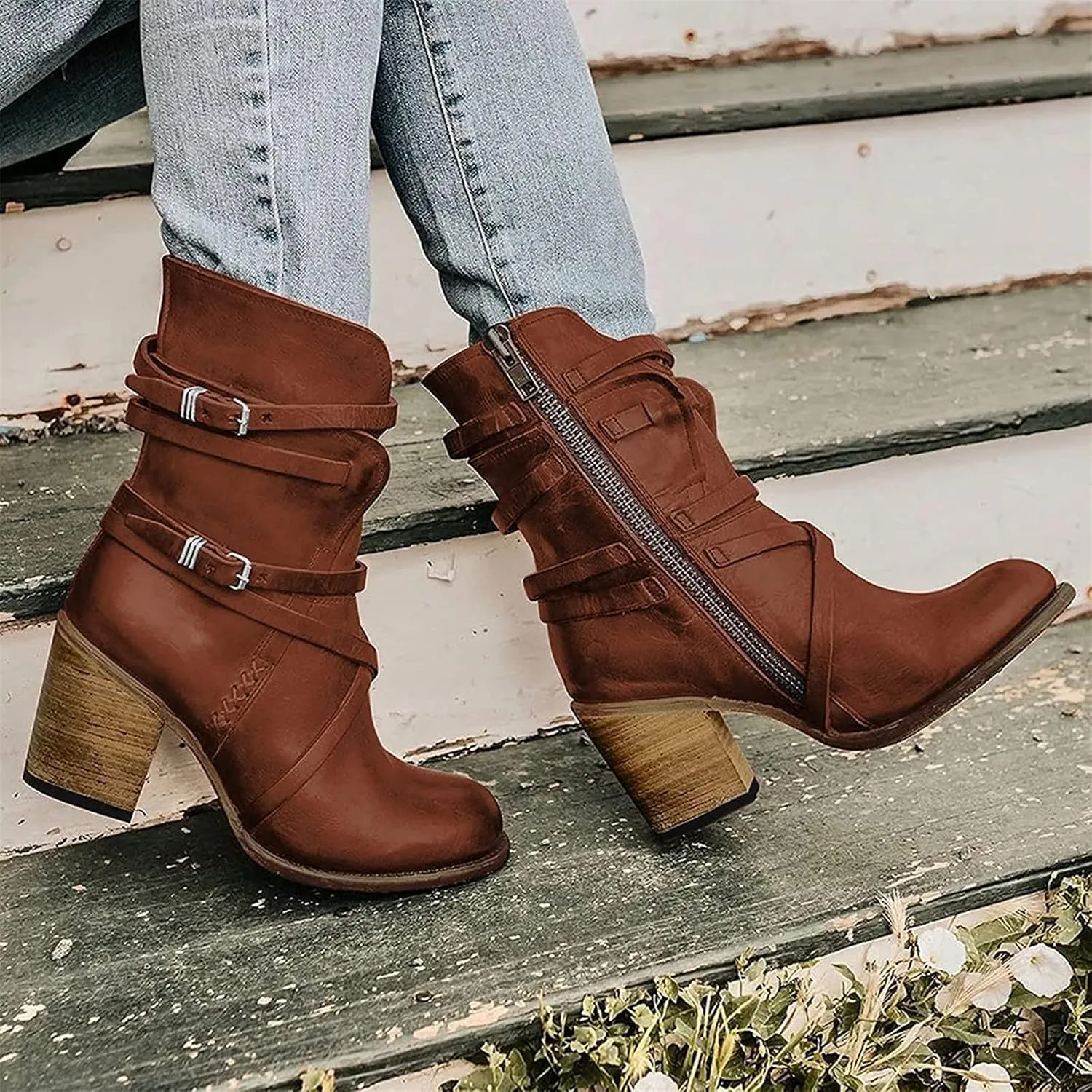Women's Buckled Ankle Boots Classic Western Combat Boots Winter Warm Snow Boots Gothic Biker Slip on Boots Chelsea Boots with Block Heel Casual Shoes
